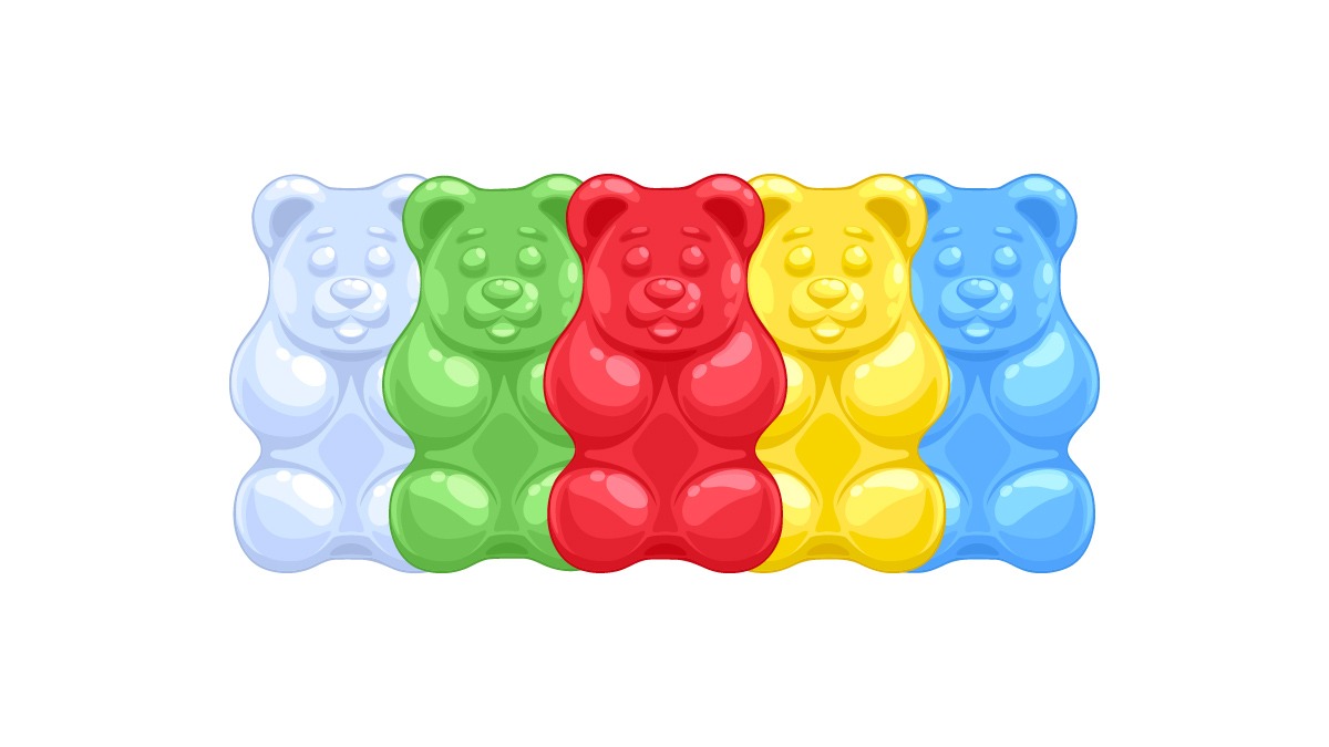 illustration of colorful CBD gummy bears in white background