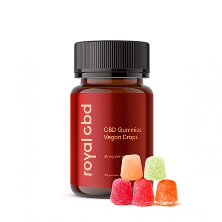 RoyalCBD 25mg Gummies drops bottle on white background