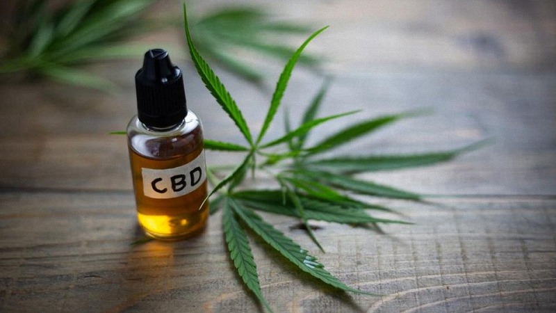 CBD oil bottle photo next to hemp leaves