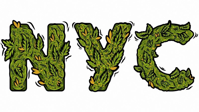 new york city letters illustration with cannabis leaves in white background