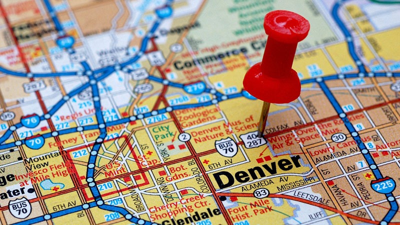 denver on a map with a red pin on it