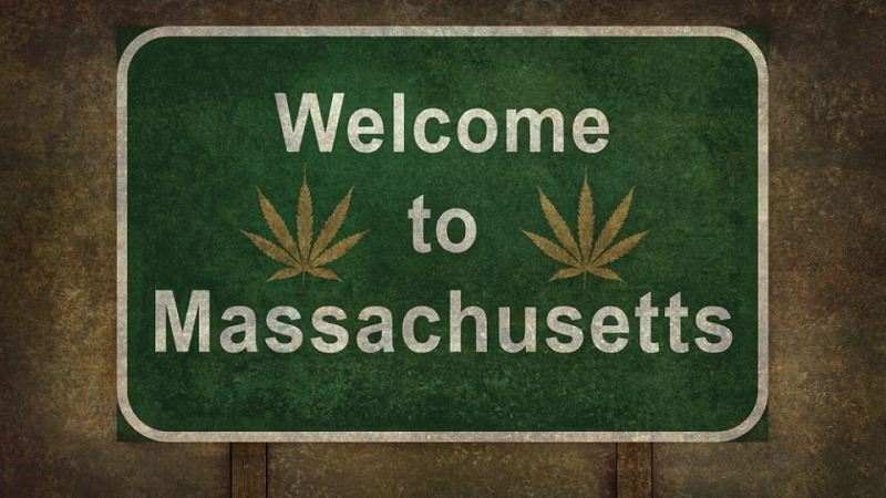 welcome to massachusetts road sign with hemp leaves icon 