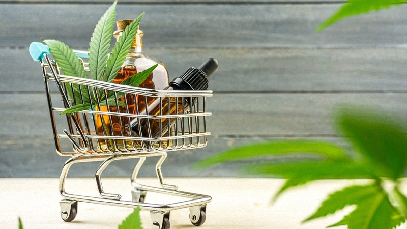 Tiny shopping cart with cbd and hemp oil products