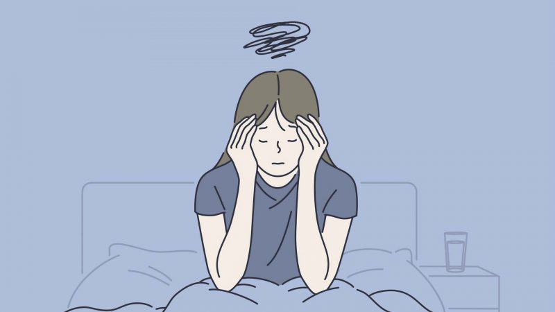 Morning migraine, chronic fatigue and nervous tension, stress or flu symptom, hard to wake up concept. Young woman with strong headache, tired and exhausted girl holding head. Simple flat vector