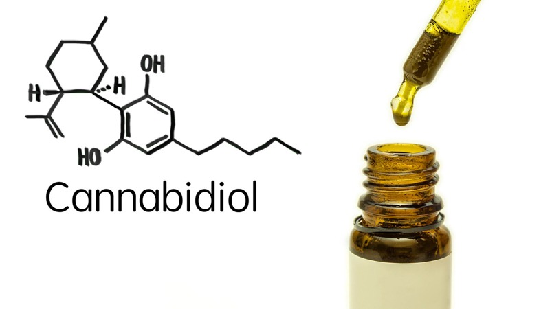 cbd oil bottle and cbd chemistry diagram on a white background