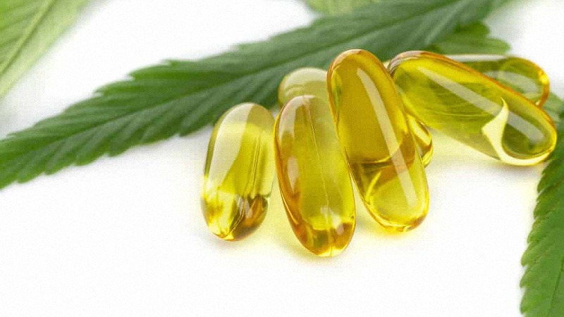 CBD Capsules with Hemp Leaves in White Background