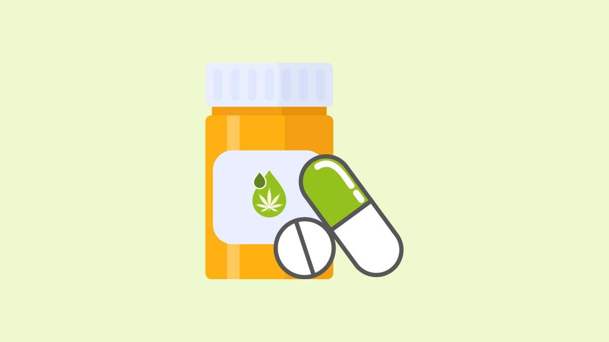 Illustration of CBD capsule bottle and pills on green background