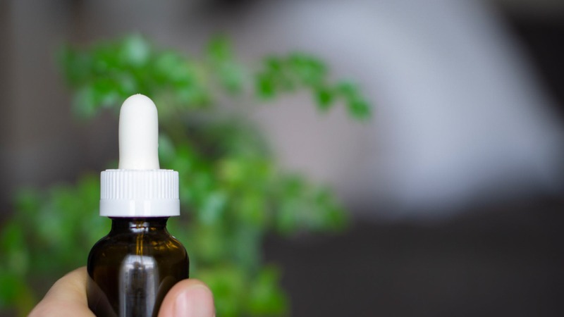 a hand holding the CBD Oil on a blurry plant background