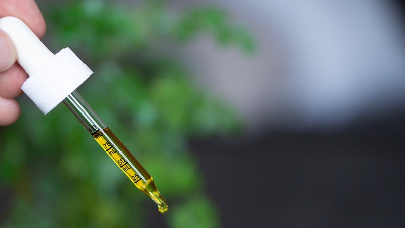 A Dose of CBD Oil in a Dropper with Blurry Plants on the Background