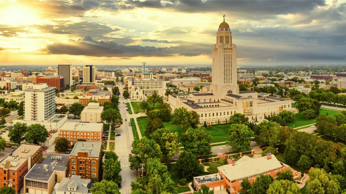aerial view of sunset and buildings in Nebraska