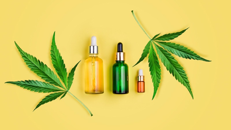 Hemp Leaves and CBD Oil on a Yellow Background