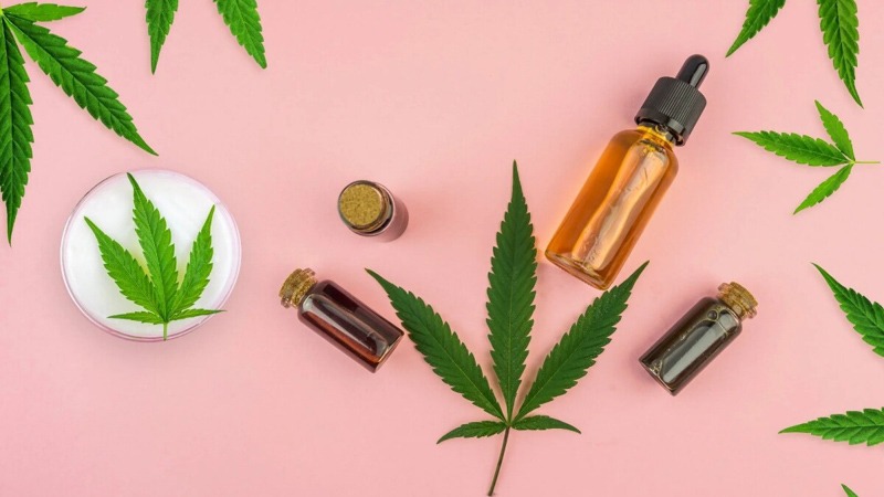 CBD Products with Hemp Leaves on a Pink Background