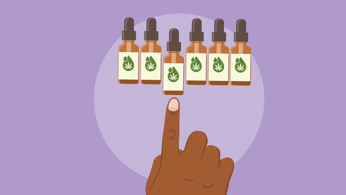 Illustration of Hand Pointing to CBD Oil Bottles