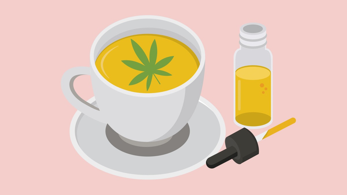 Illustration of CBD Oil with a Cup of Tea with Hemp Leaf on Top