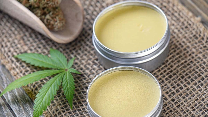 two topical CBD, a hemp leaf and dried hemp flowers