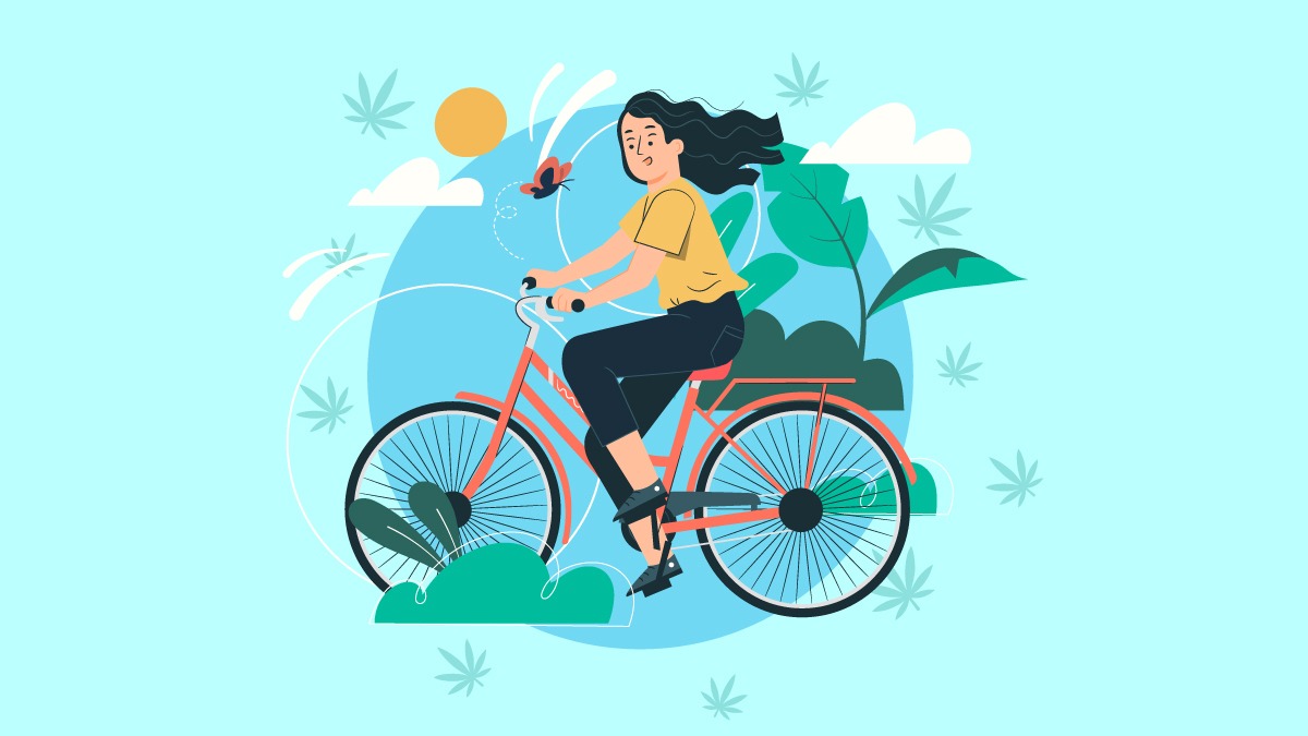 An illustration of a woman cycling with hemp leaves around