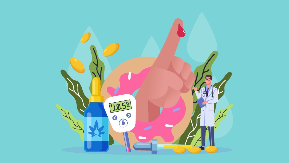 An illustration of CBD oil bottle, a hand tested for diabetes, a blood sugar test checker, and a doctor