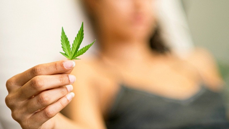 a woman lying in bed holding a hemp leaf