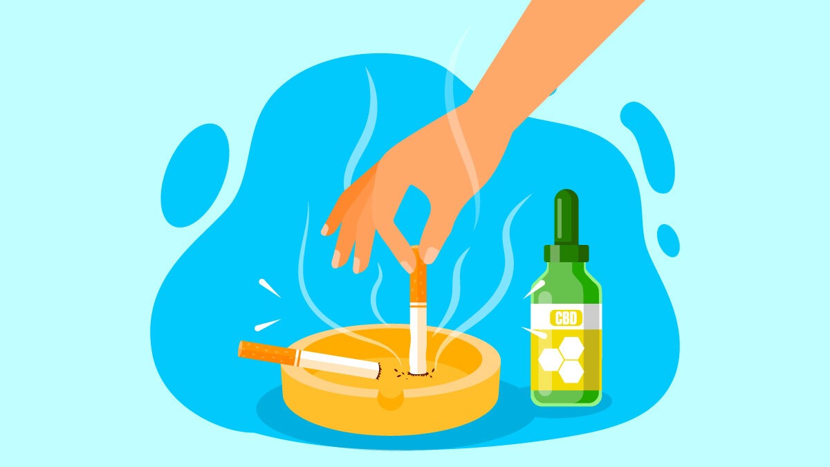 an illustration of a CBD oil in bottle and a hand putting out cigarette on an ashtray